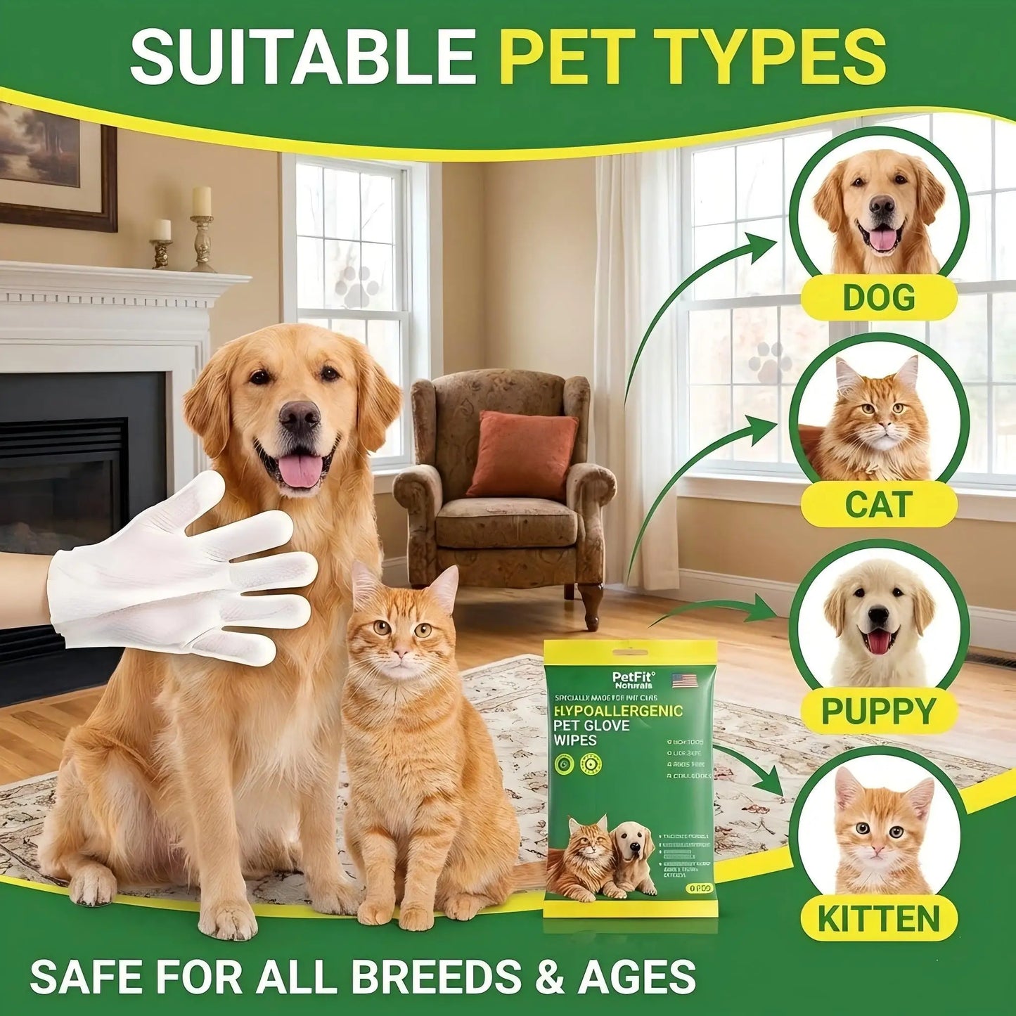 6Pcs Hypoallergenic Pet Glove Wipes.