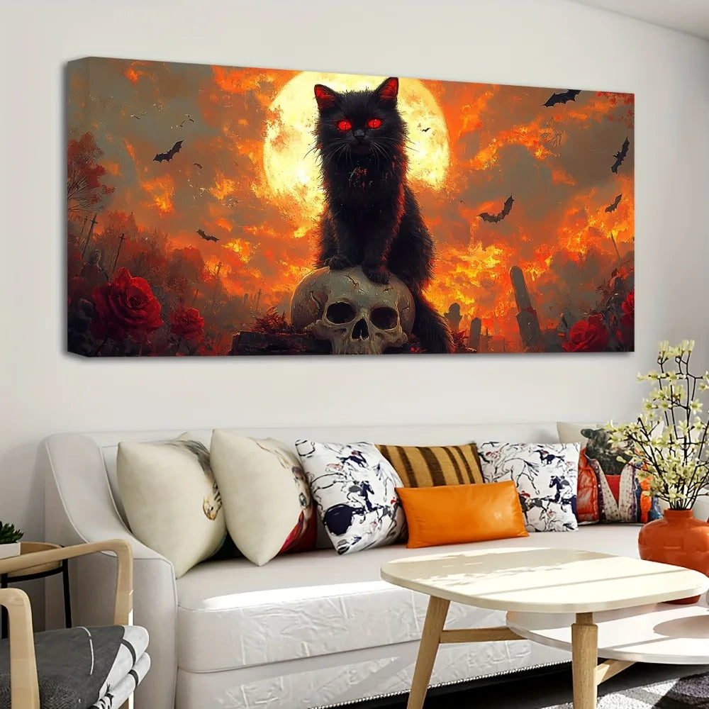 Cat Standing on Skull Canvas