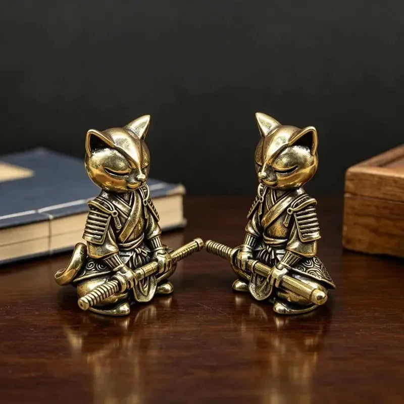 Brass Samurai Cat Statue Ornament.