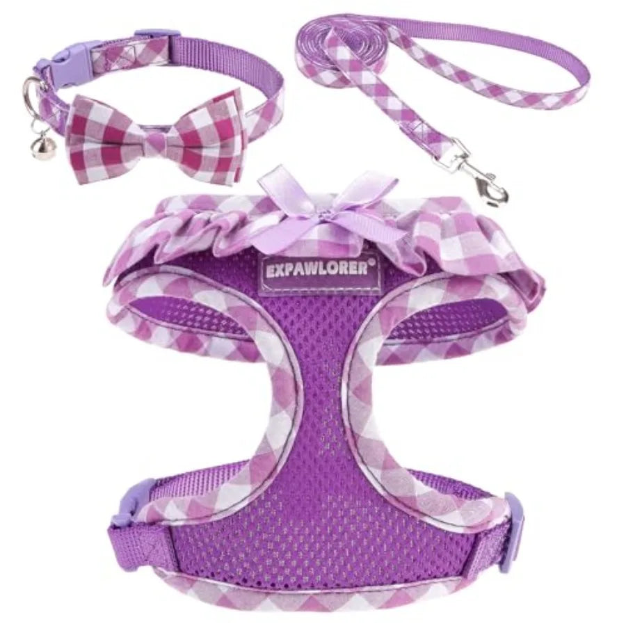 Cute Dog Harness Collar Leash Set. - Girl Dog Harness Checke Step-in Design, Detachable Bow Pet Collar, Adjustable No-Choke Ligh