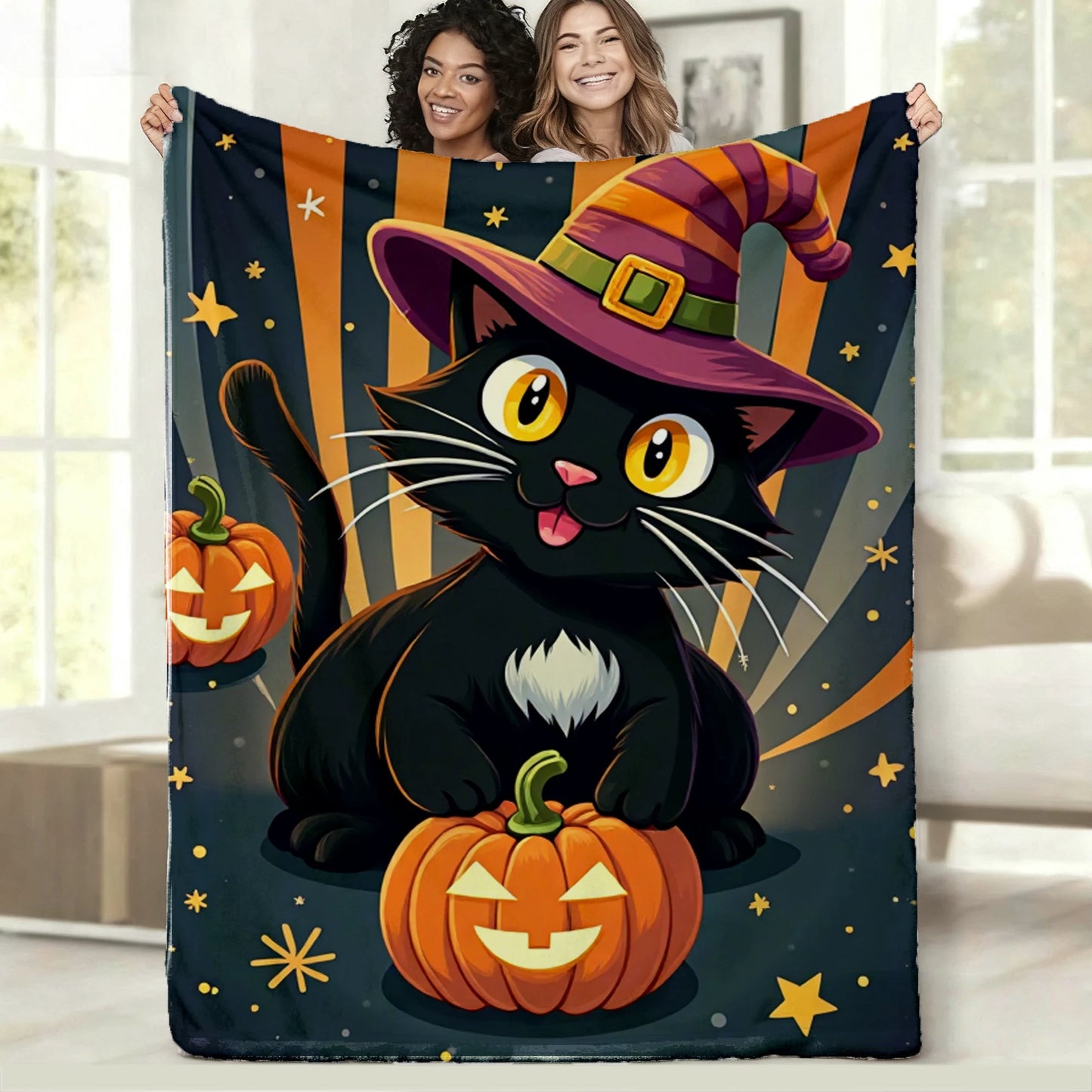 Whimsical Halloween Cat Flannel Blanket.