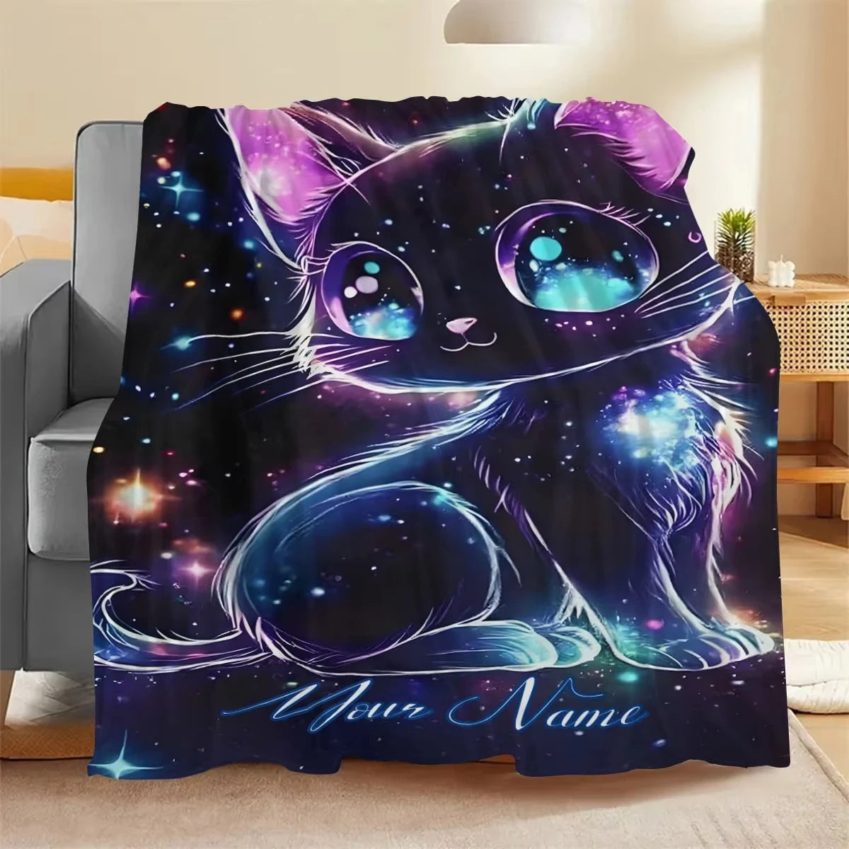 Customizable Name Galaxy Cat Pattern Blanket.