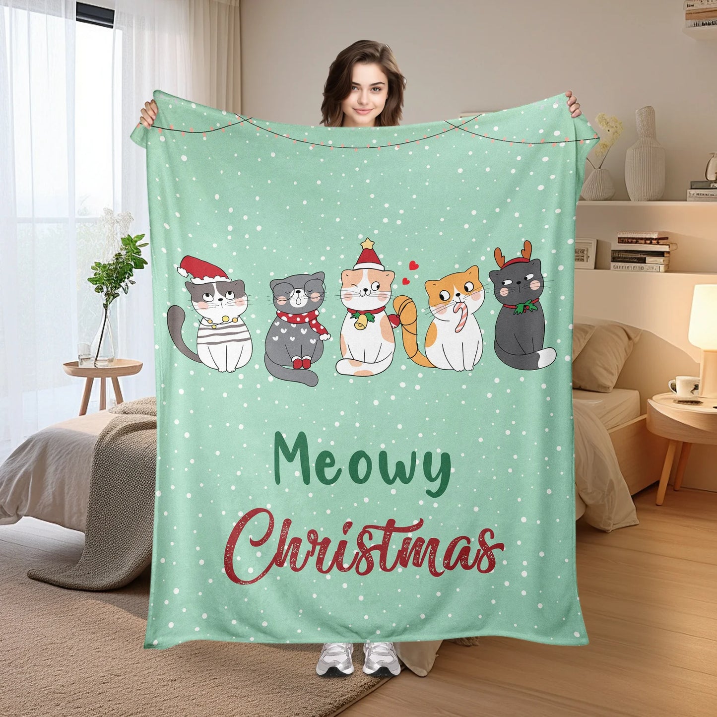 Festive Christmas Green Flannel Throw Blanket.