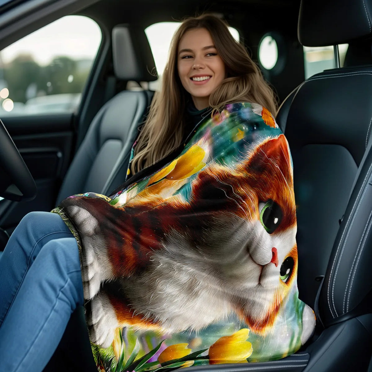Tulip Field Cat Patterned Blanket.
