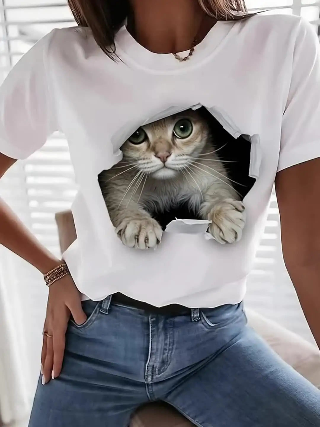 Cat Print Crew Neck T-Shirt.