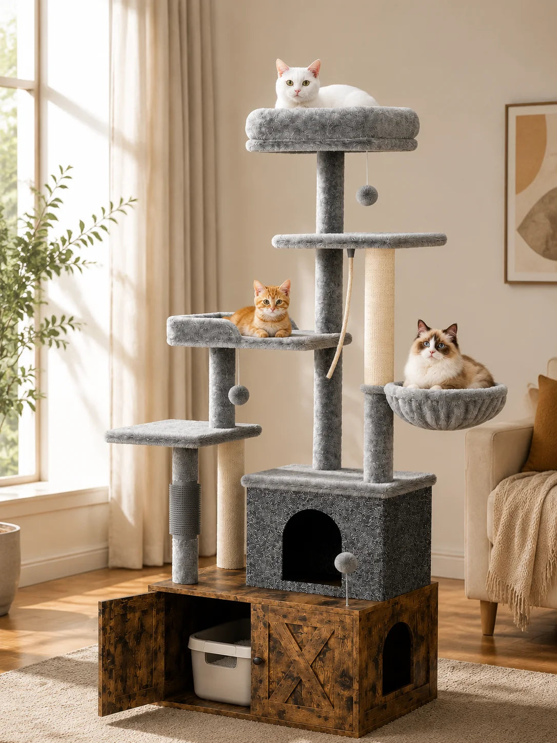 3-in-1 Modern Cat Tree with Hidden Litter Box Enclosure.