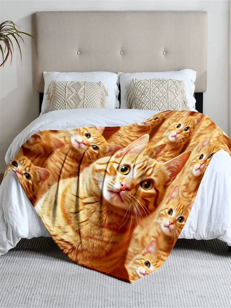 Orange Cat-Themed Flannel Blanket