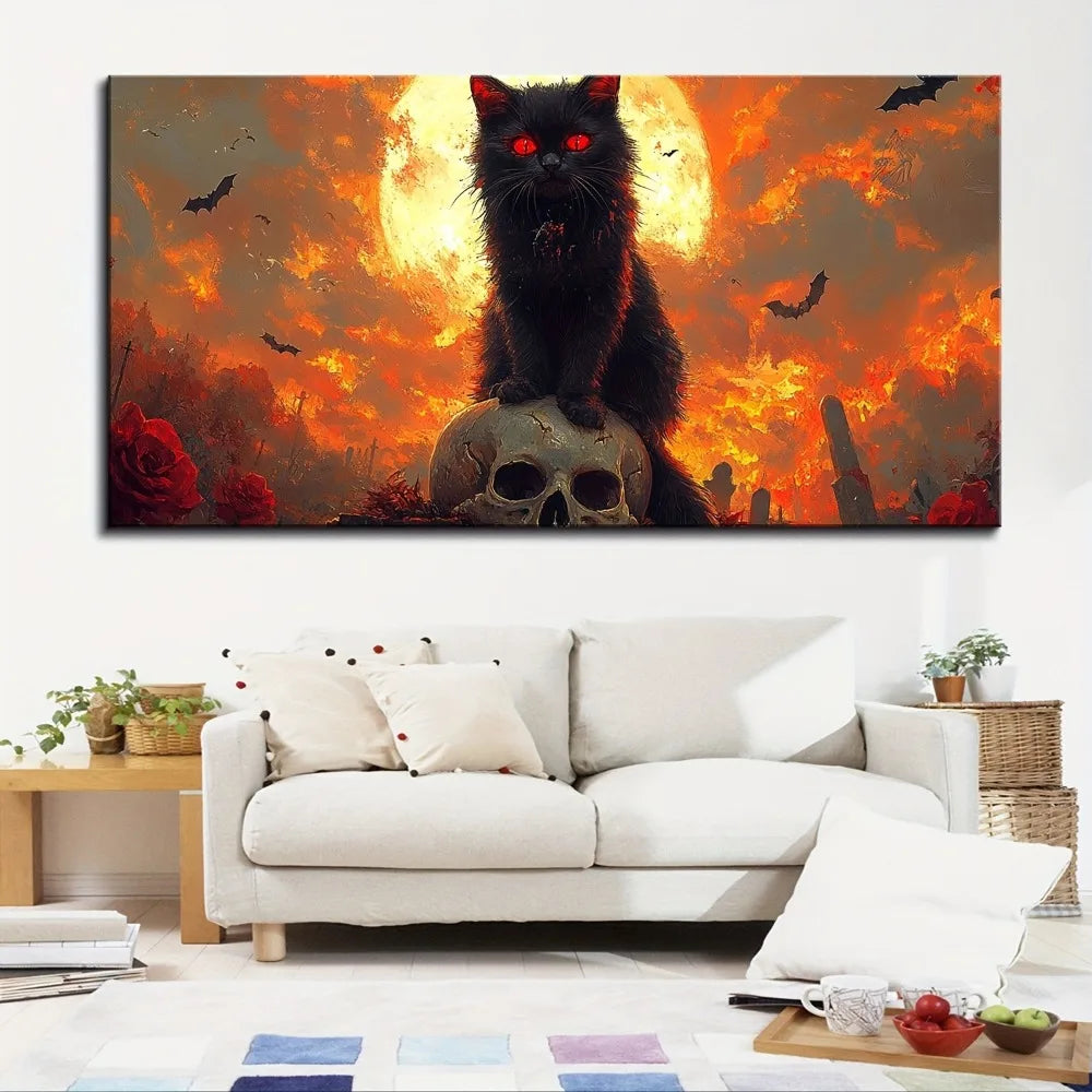 Cat Standing on Skull Canvas