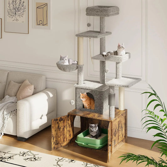 3-in-1 Modern Cat Tree with Hidden Litter Box Enclosure.