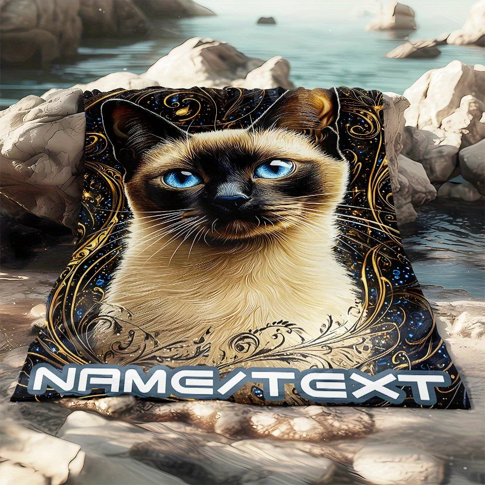 Exquisite Siamese Cat Customized Name Portable Blanket.