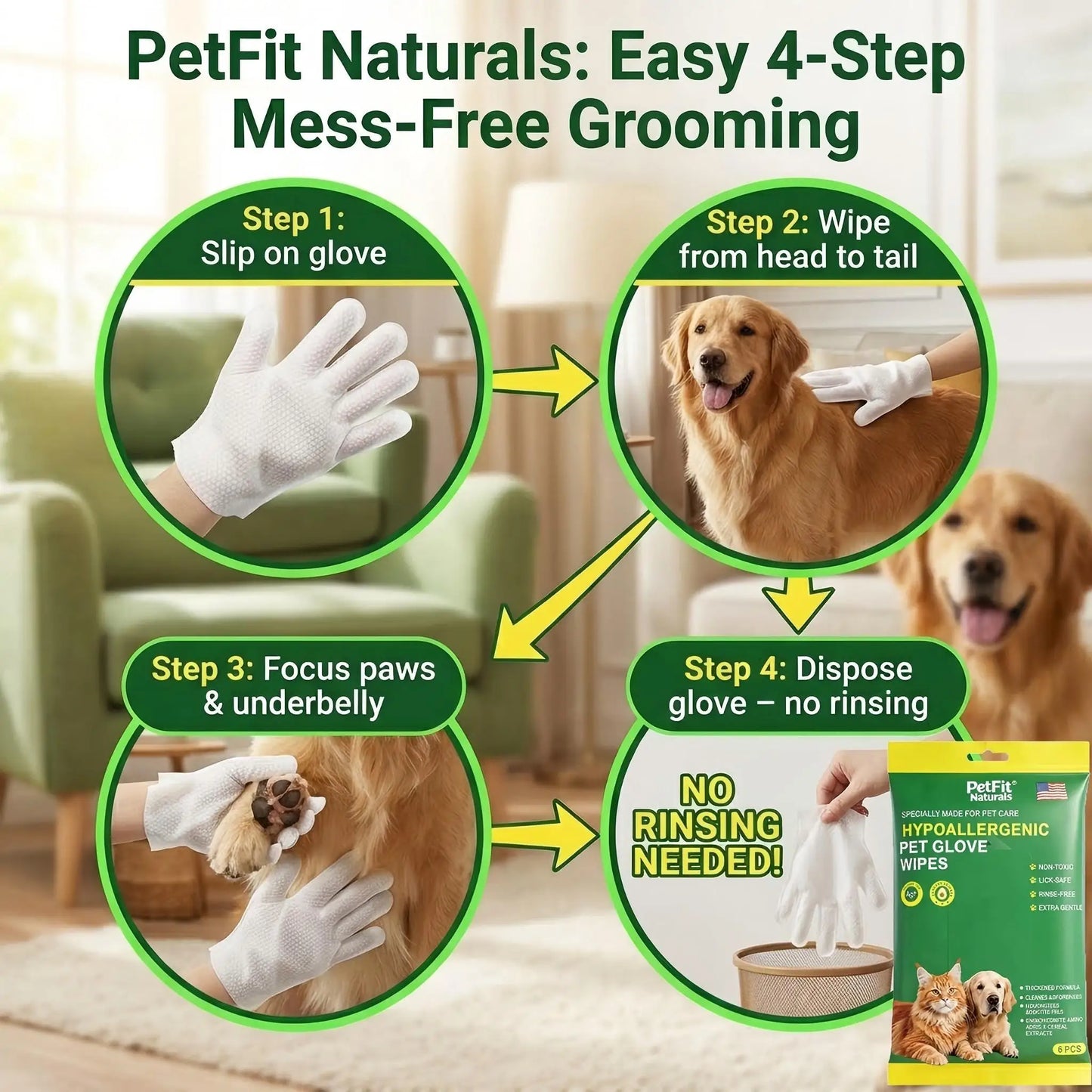 6Pcs Hypoallergenic Pet Glove Wipes.