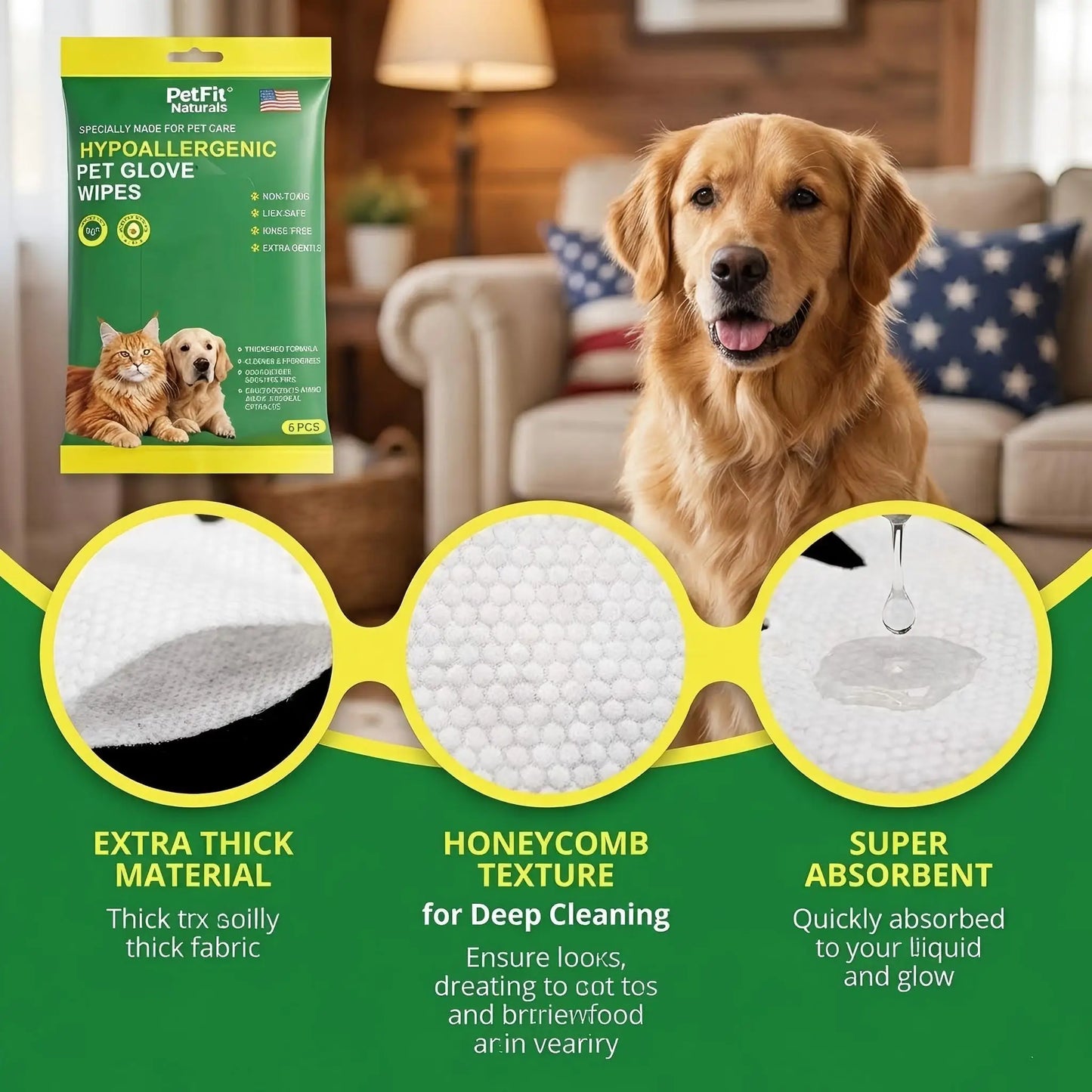 6Pcs Hypoallergenic Pet Glove Wipes.