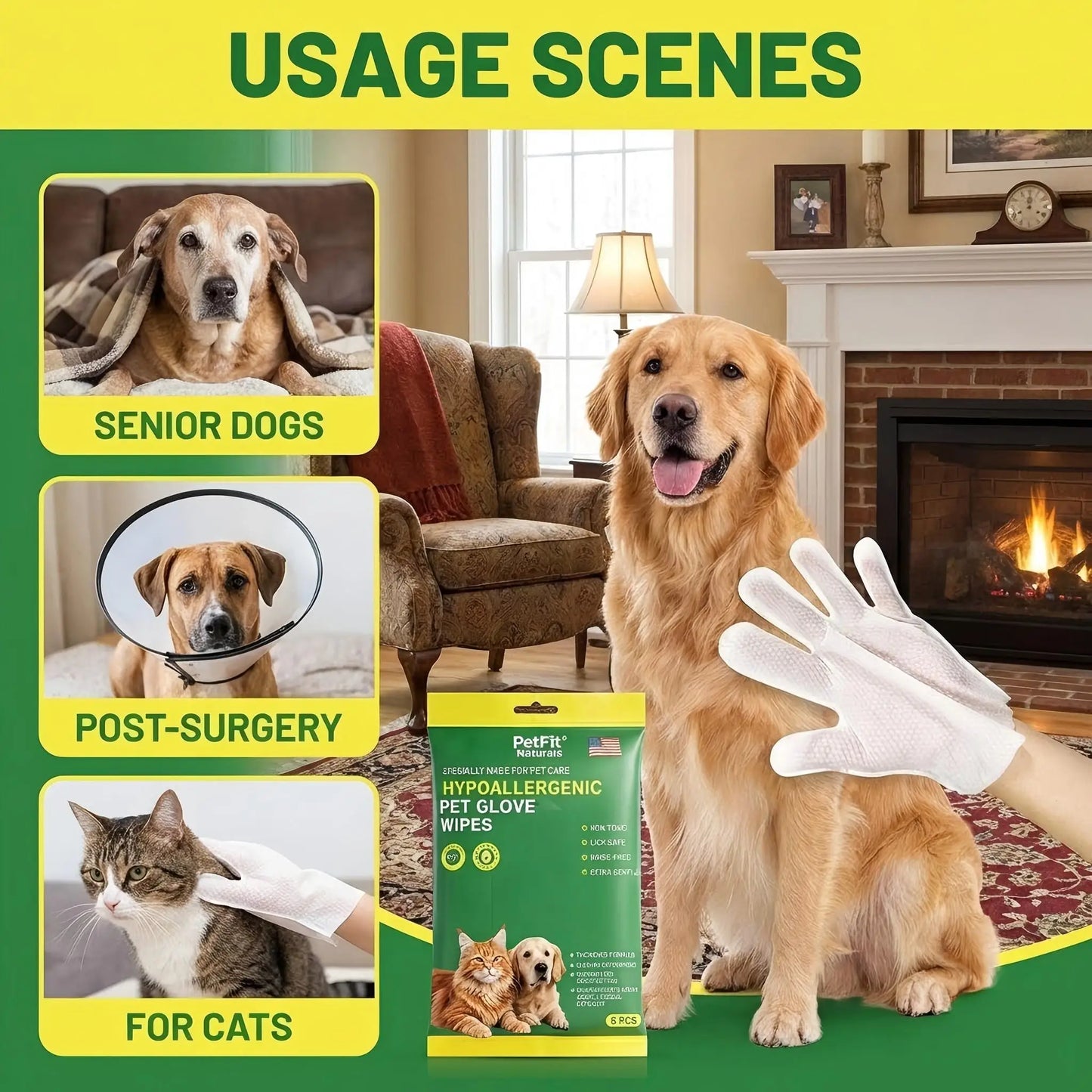 6Pcs Hypoallergenic Pet Glove Wipes.