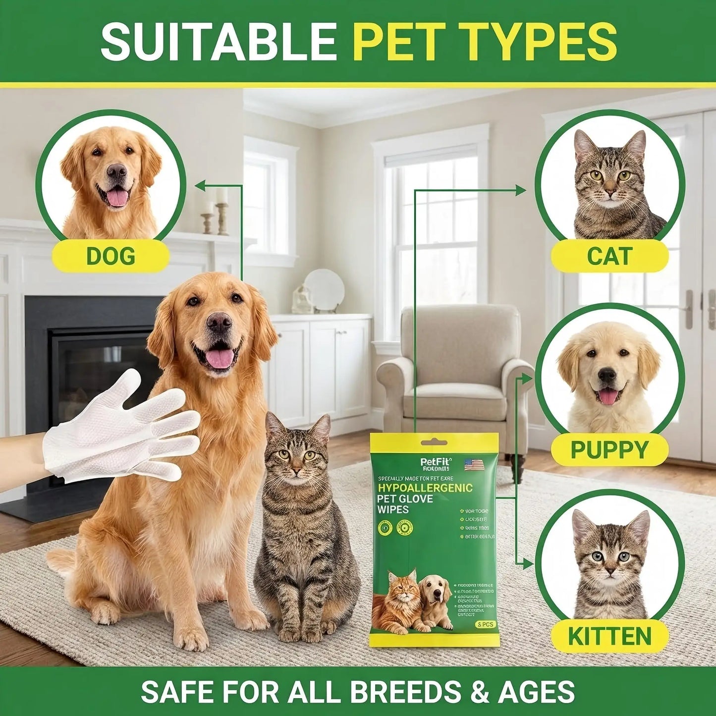 6Pcs Hypoallergenic Pet Glove Wipes.