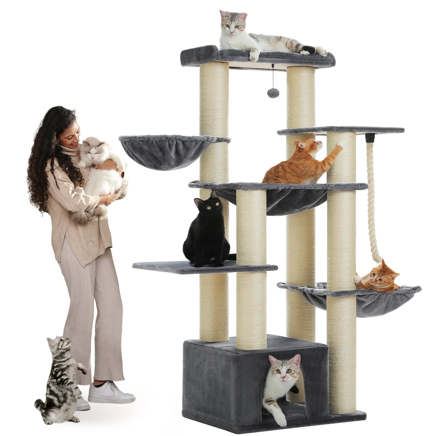 Multi-Level Cat Tree.         Cozy Condo, Super Large Perch, Deep Hammocks,