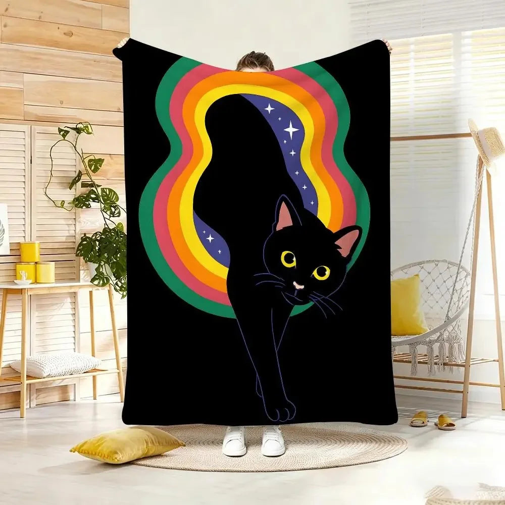 Humorous Funny Black Cat Rainbow Flannel Throw Blanket.