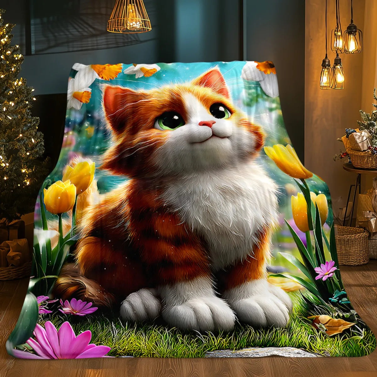 Tulip Field Cat Patterned Blanket.