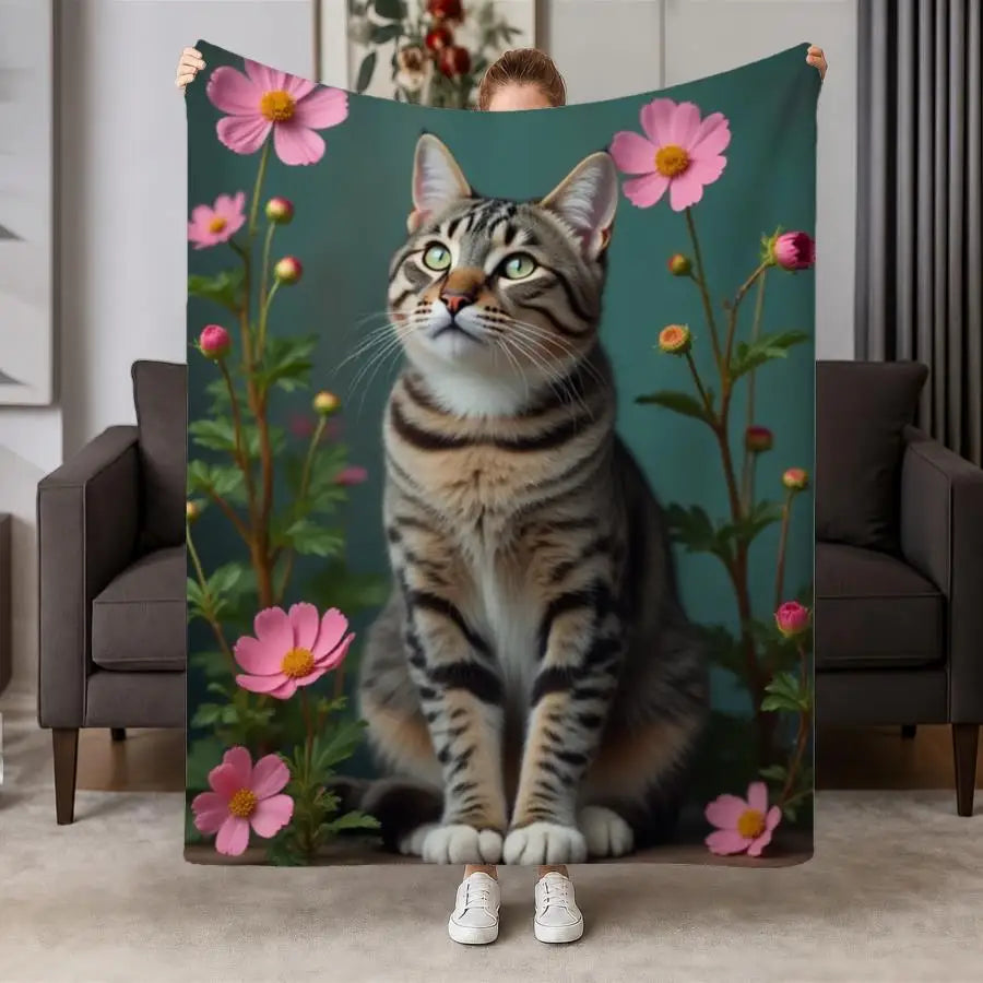 Cozy Gray Tabby Cat and Pink Cosmos Flannel Throw Blanket.