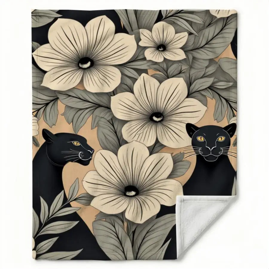 Elegant Monochrome Panther And Floral Flannel Throw Blanket.