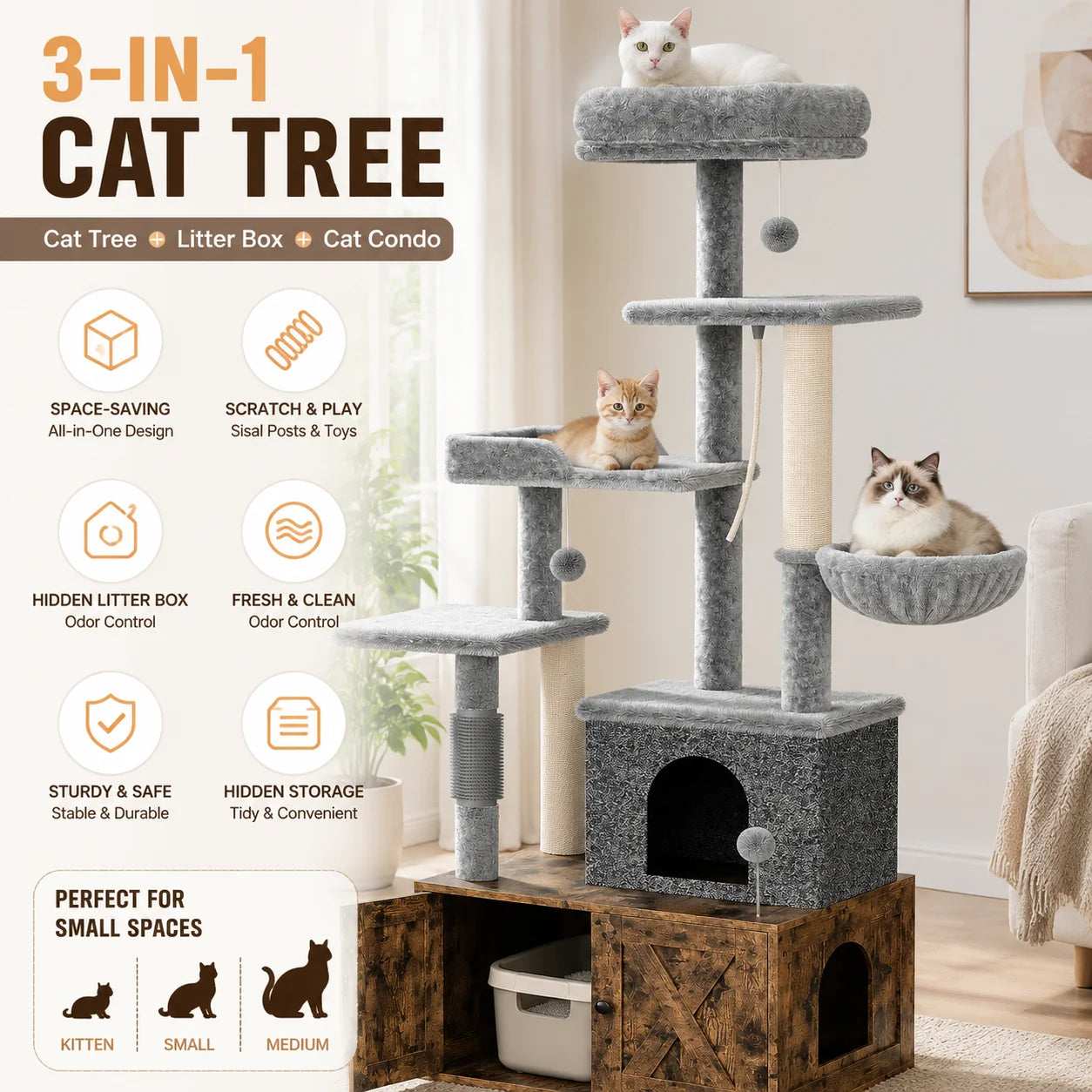 3-in-1 Modern Cat Tree with Hidden Litter Box Enclosure.
