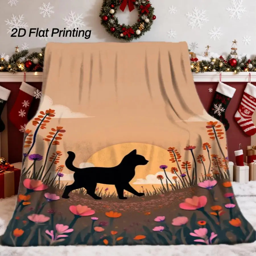 Sunset Wildflower and Black Cat Silhouette Flannel Blanket.