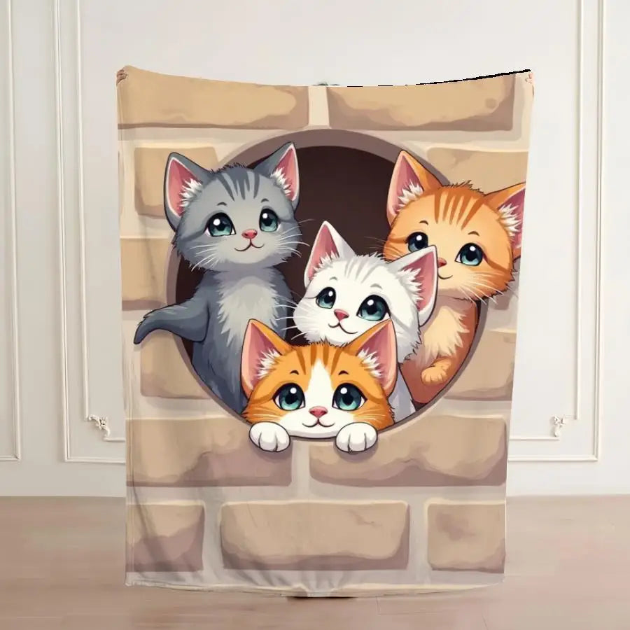 Adorable Kittens Peeking from Brick Wall Flannel Blanket.