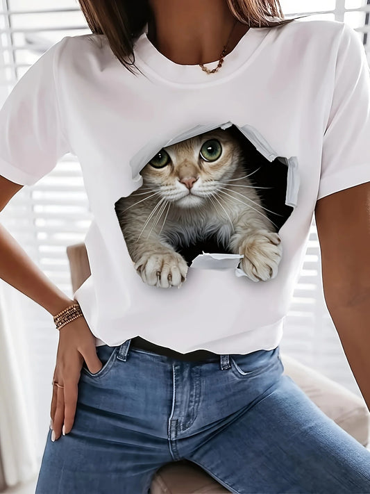 Cat Print Crew Neck T-Shirt.