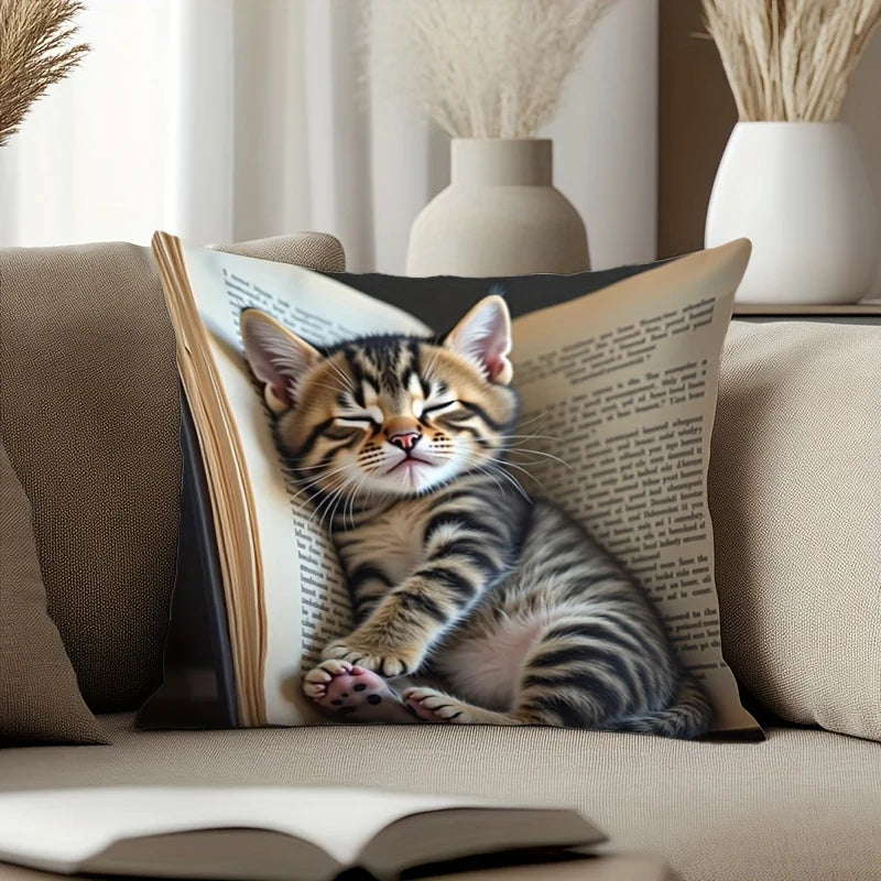 Adorable Sleeping Kitten & Book Design Throw Pillow Cover.