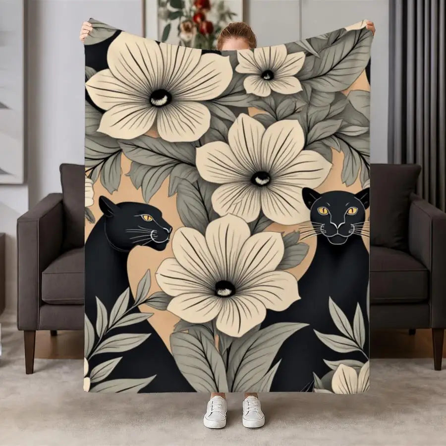 Elegant Monochrome Panther And Floral Flannel Throw Blanket.