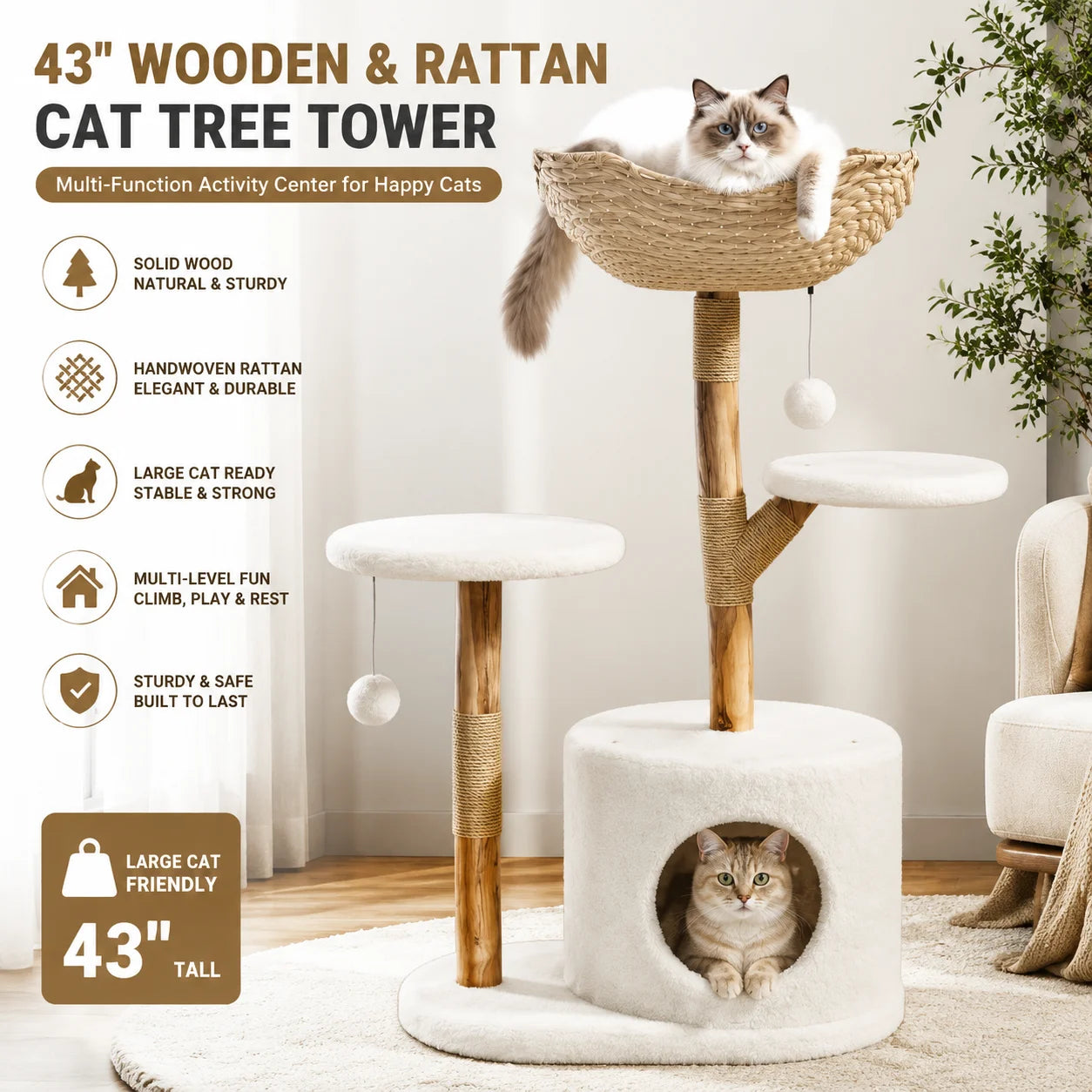 43 Inch Wooden Cat Tree Tower.
