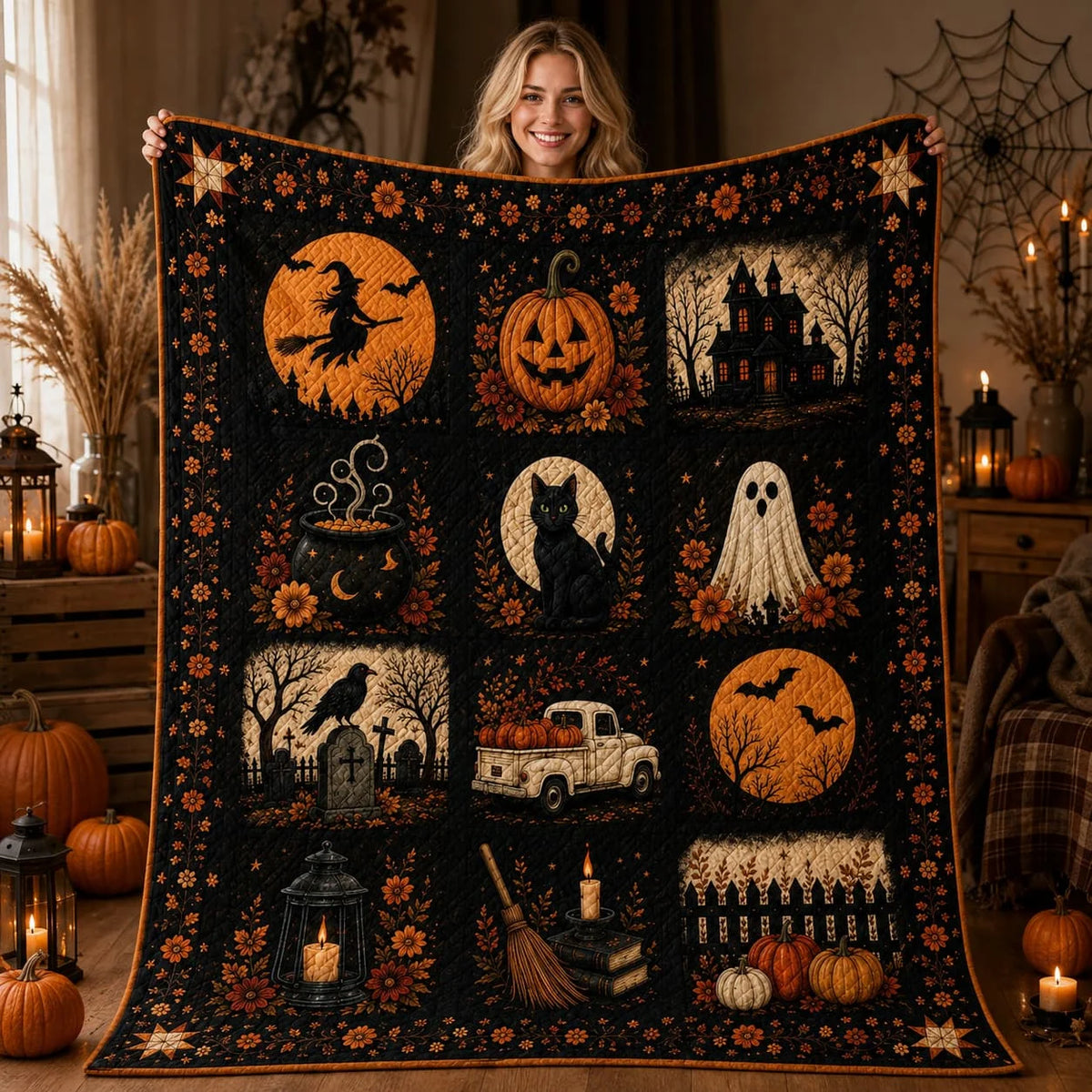 Spooky Halloween Faux Patchwork Quilt Blanket.
