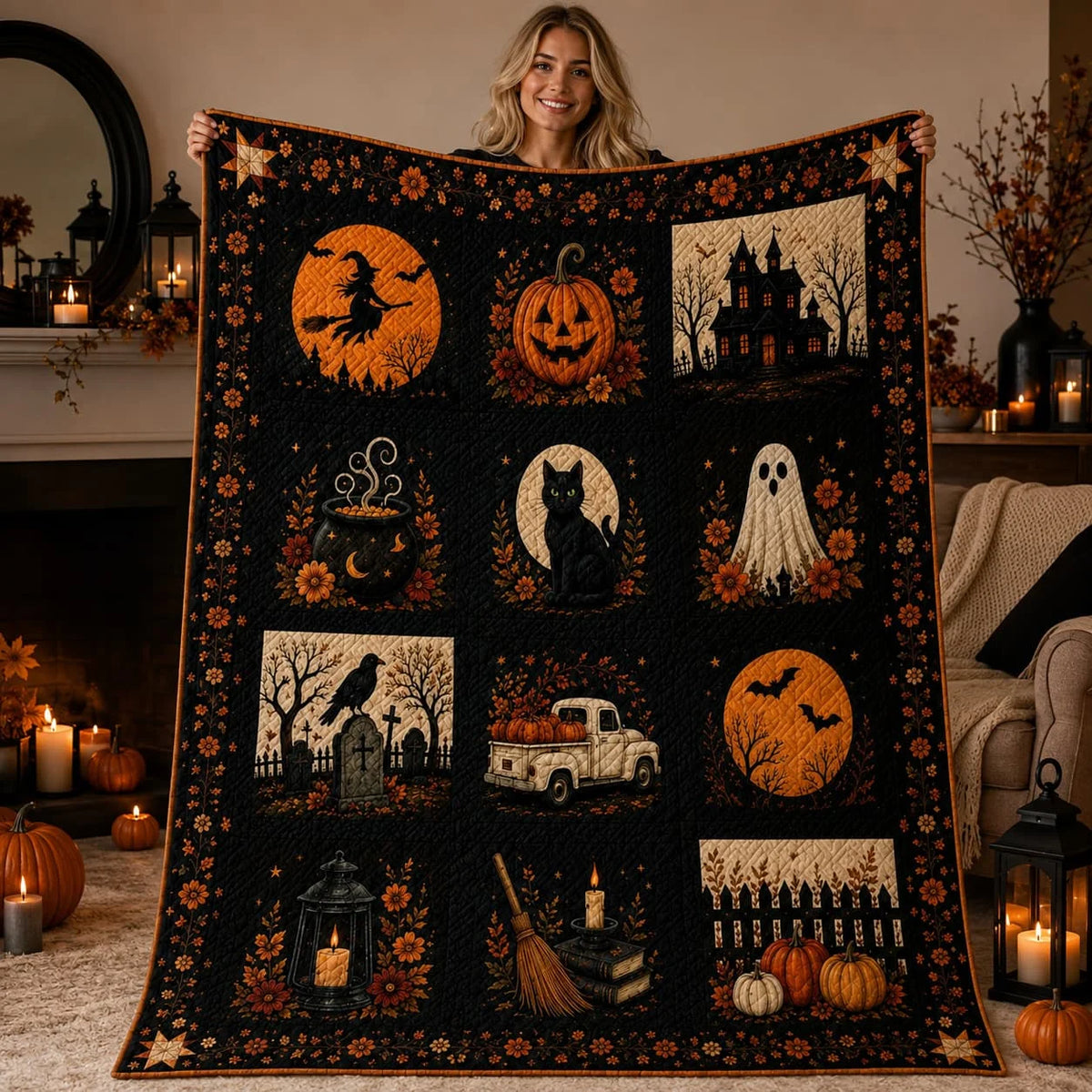 Spooky Halloween Faux Patchwork Quilt Blanket.