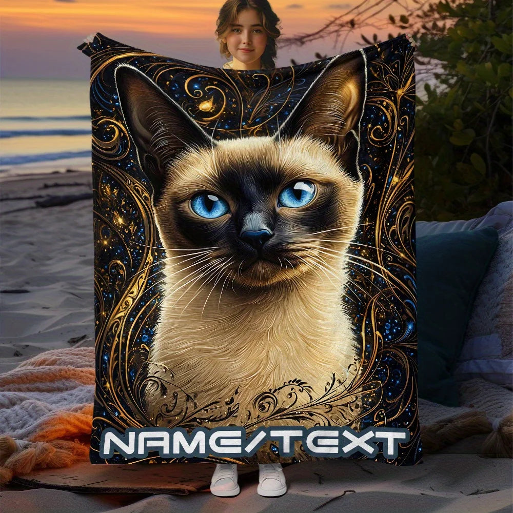 Exquisite Siamese Cat Customized Name Portable Blanket.