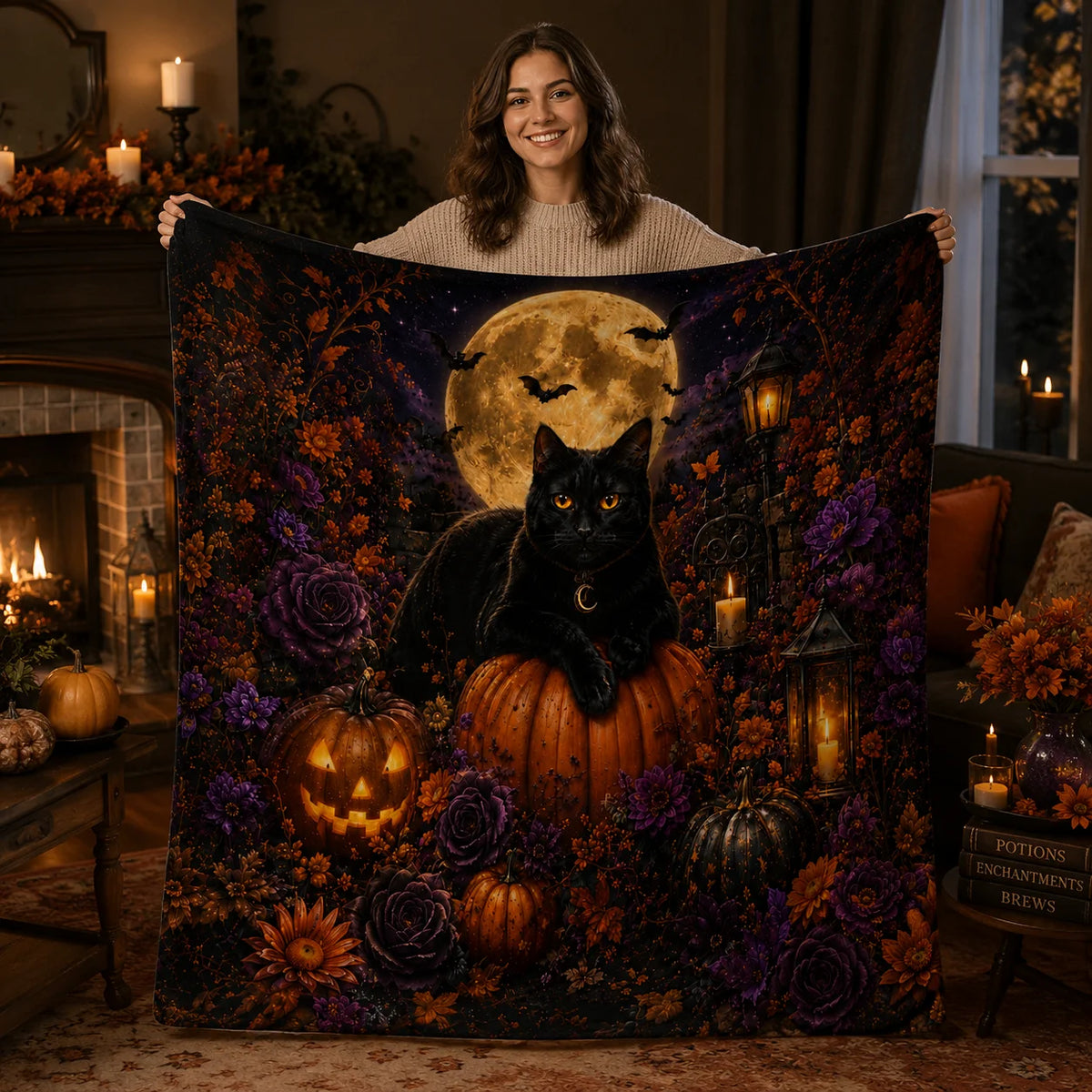 Black Cat Halloween Flannel Fleece Throw Blanket.