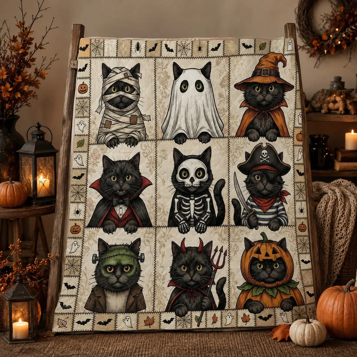 Black Cat Halloween Costume Quilt Blanket.