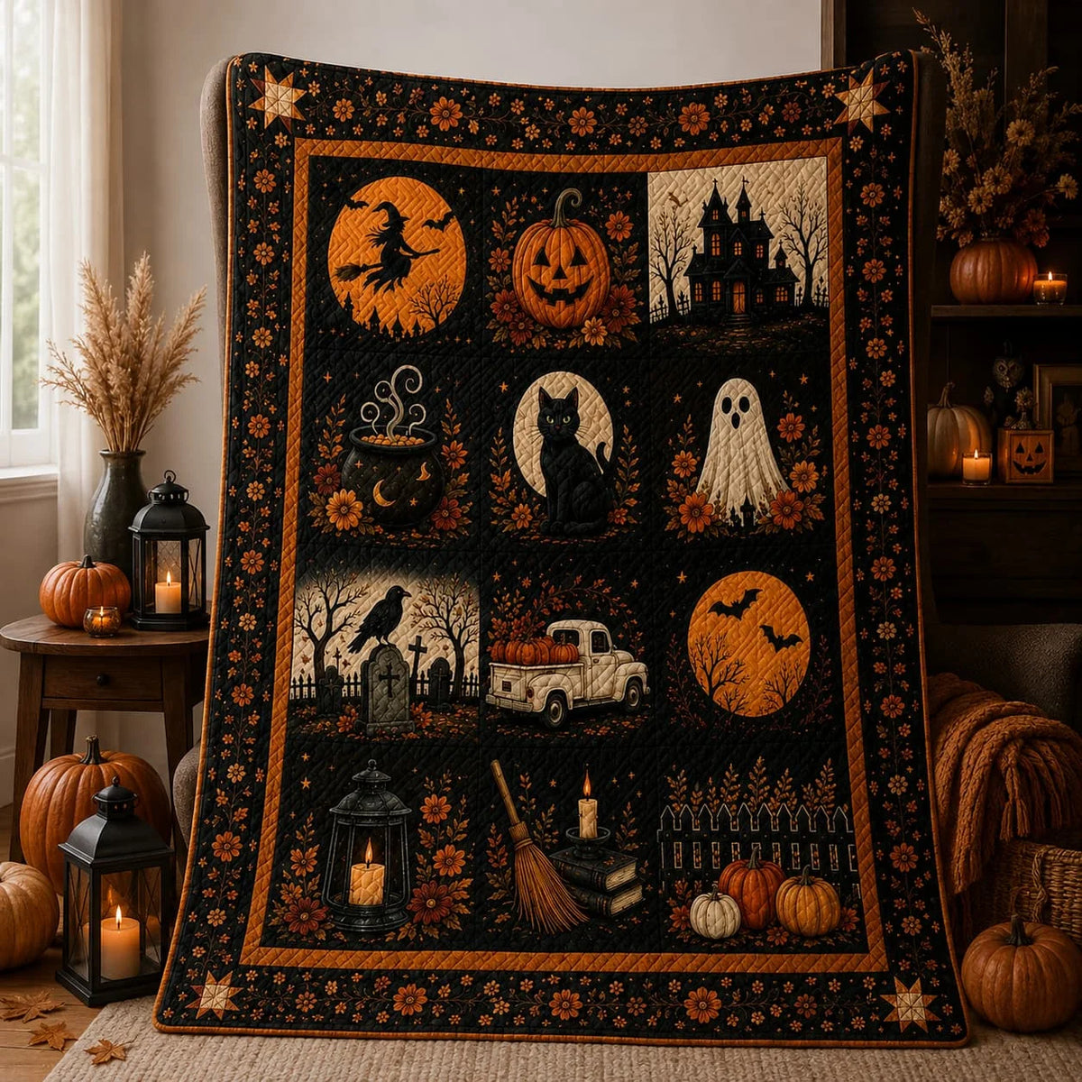 Spooky Halloween Faux Patchwork Quilt Blanket.