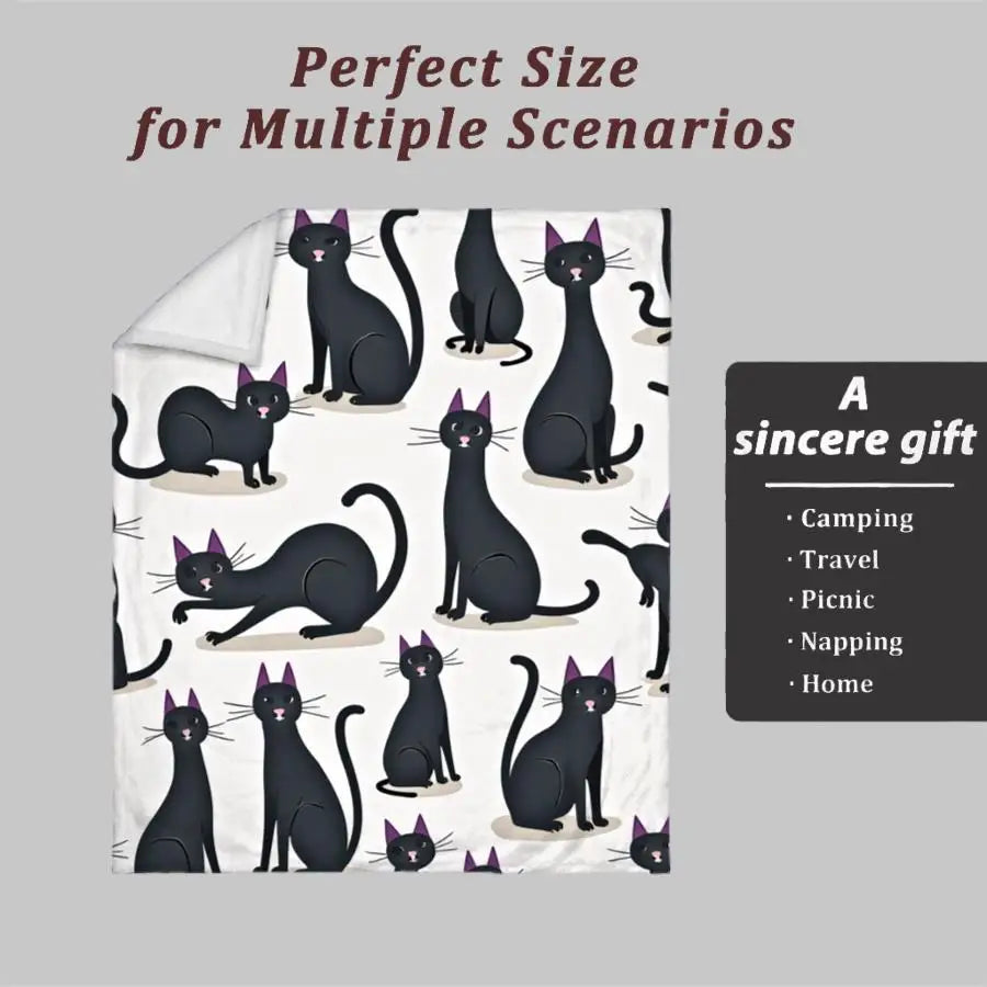 2D Flat Whimsical Black Cat Printed Flannel Blanket.