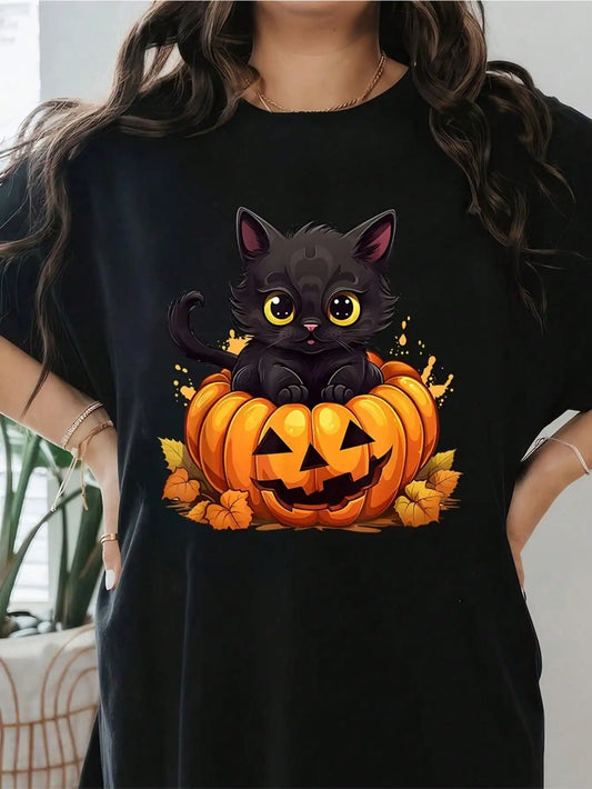 Halloween Black Cat Pumpkin Tee.