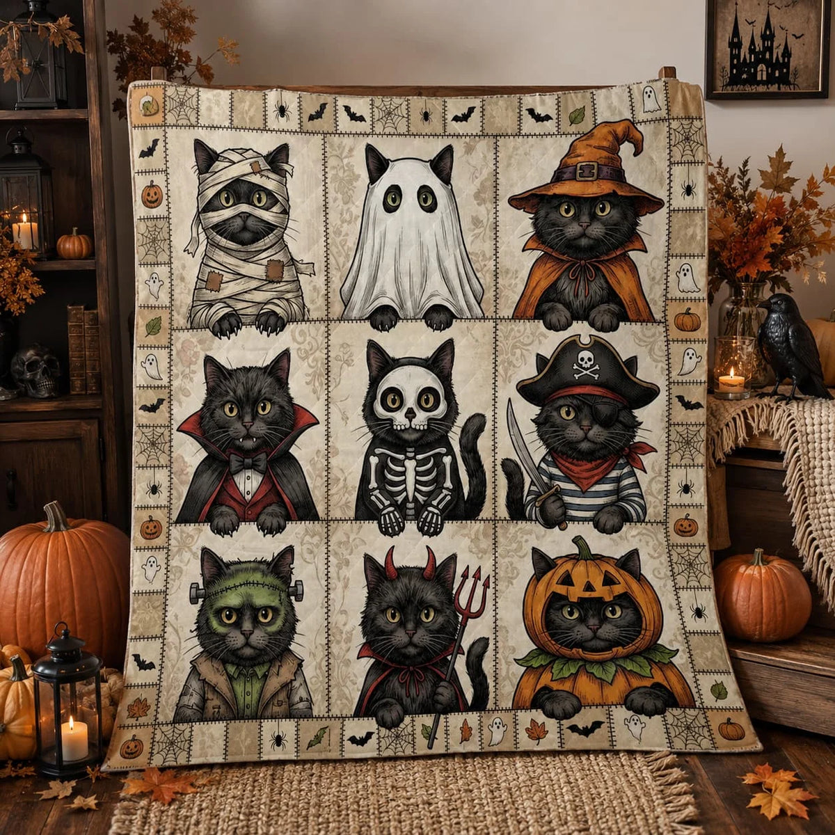 Black Cat Halloween Costume Quilt Blanket.
