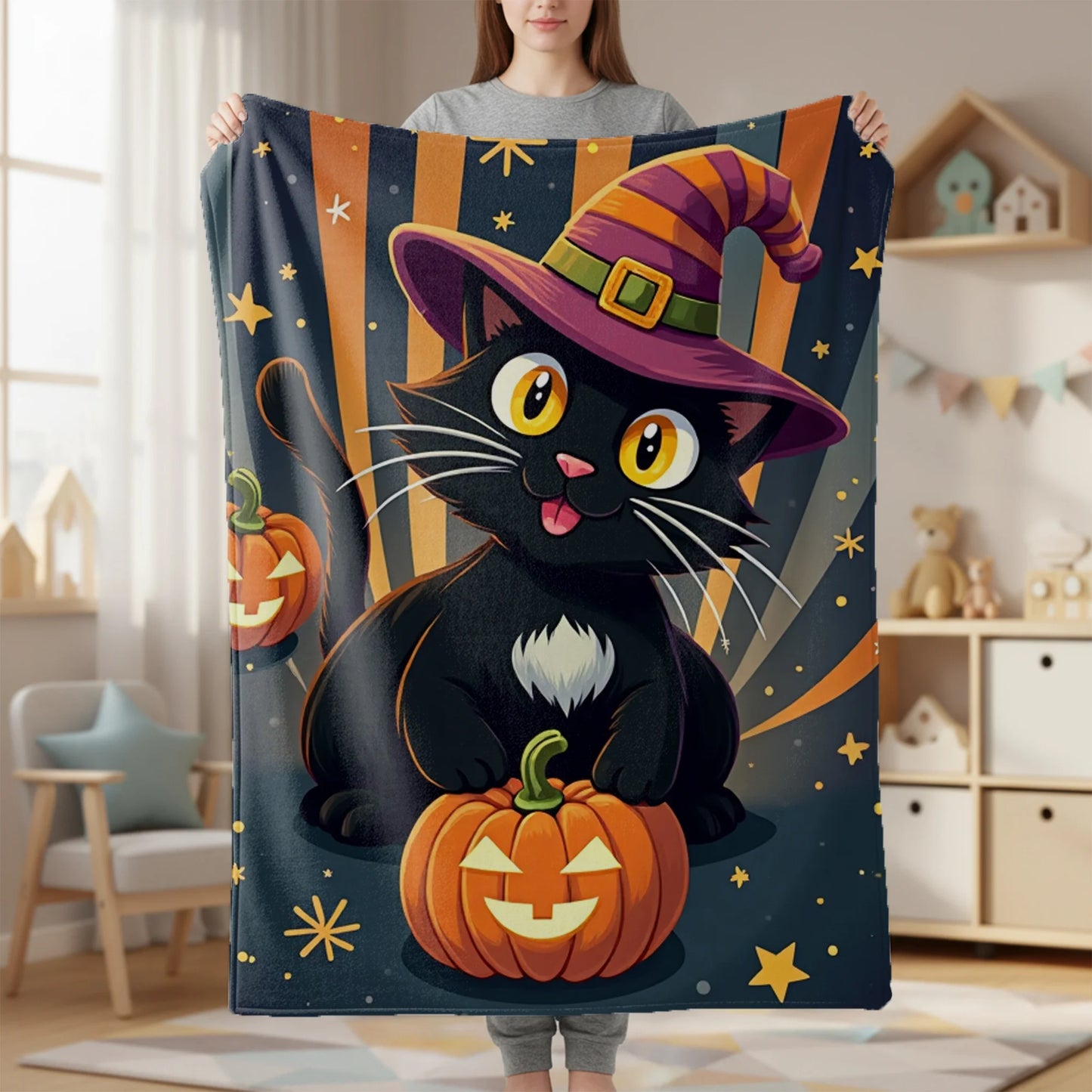 Whimsical Halloween Cat Flannel Blanket.