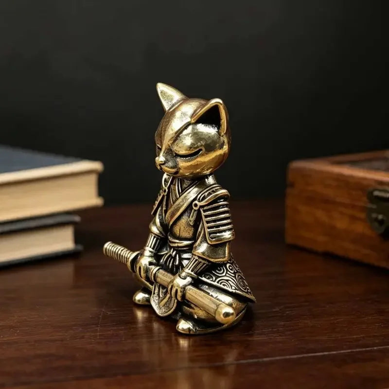Brass Samurai Cat Statue Ornament.