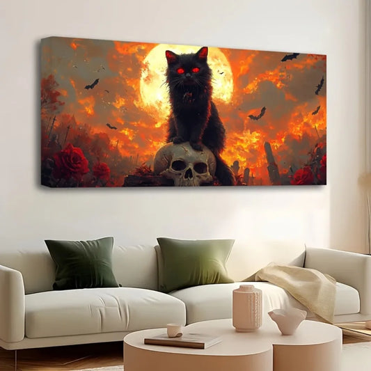 Cat Standing on Skull Canvas