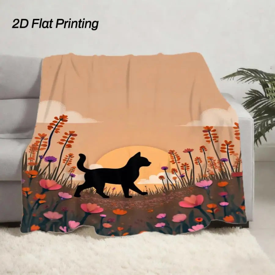 Sunset Wildflower and Black Cat Silhouette Flannel Blanket.