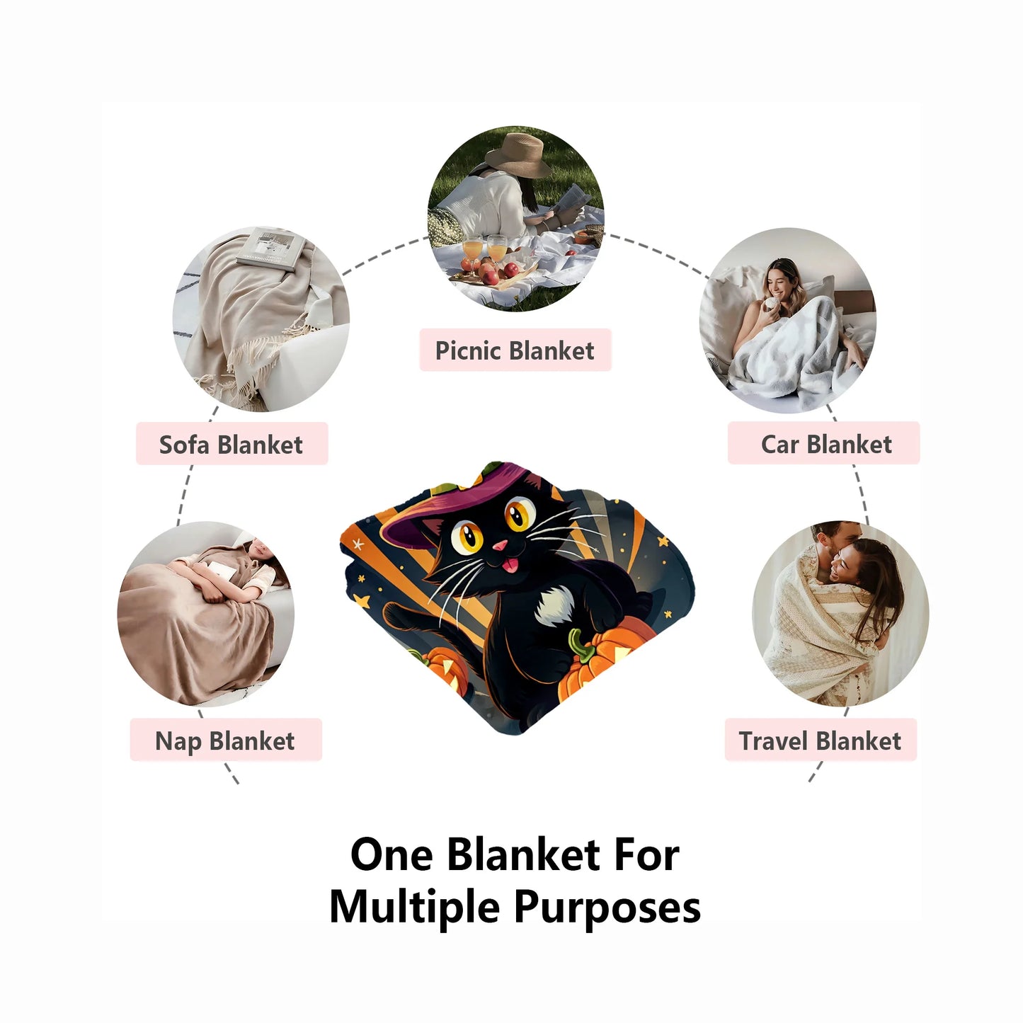 Whimsical Halloween Cat Flannel Blanket.