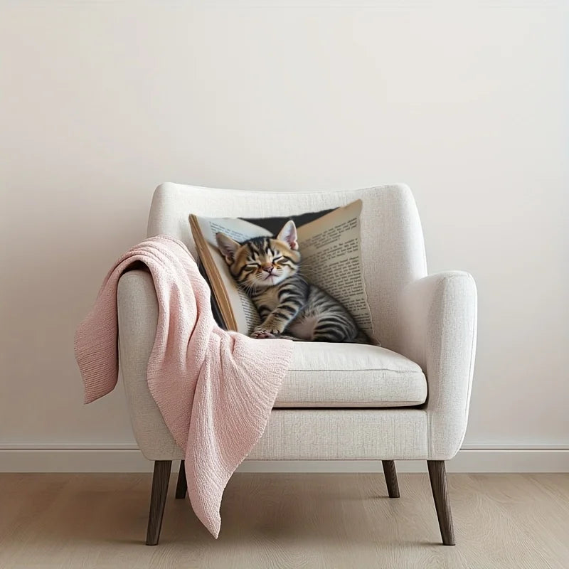 Adorable Sleeping Kitten & Book Design Throw Pillow Cover.