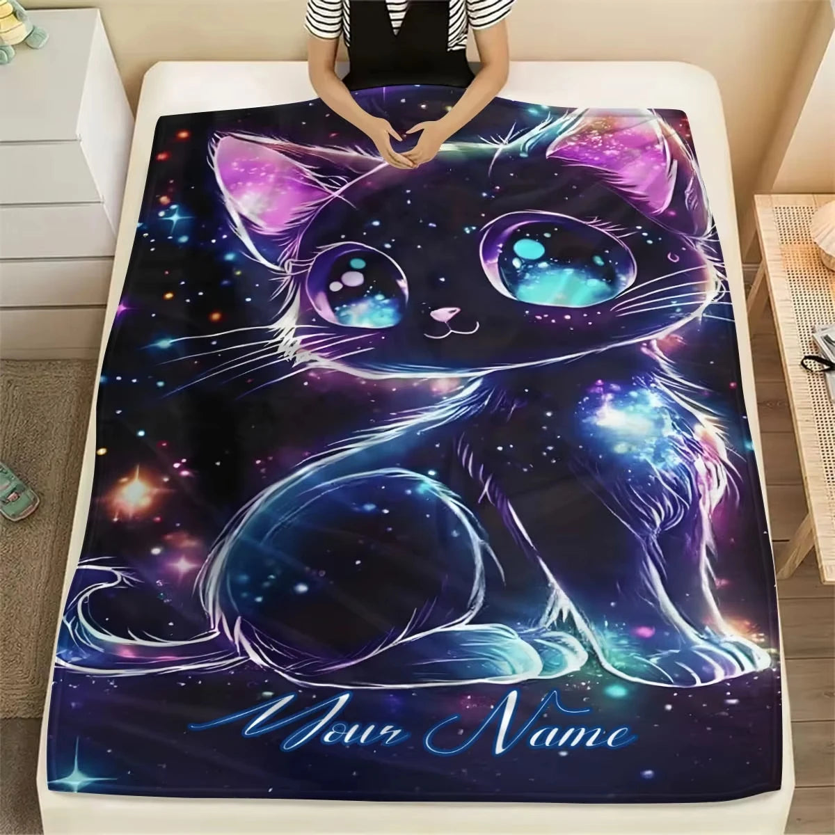 Customizable Name Galaxy Cat Pattern Blanket.