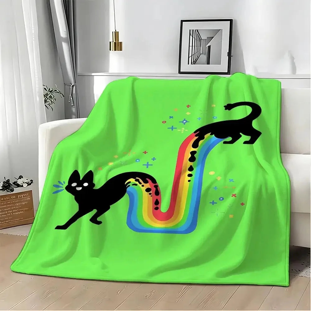 Humorous Funny Black Cat Rainbow Flannel Throw Blanket.
