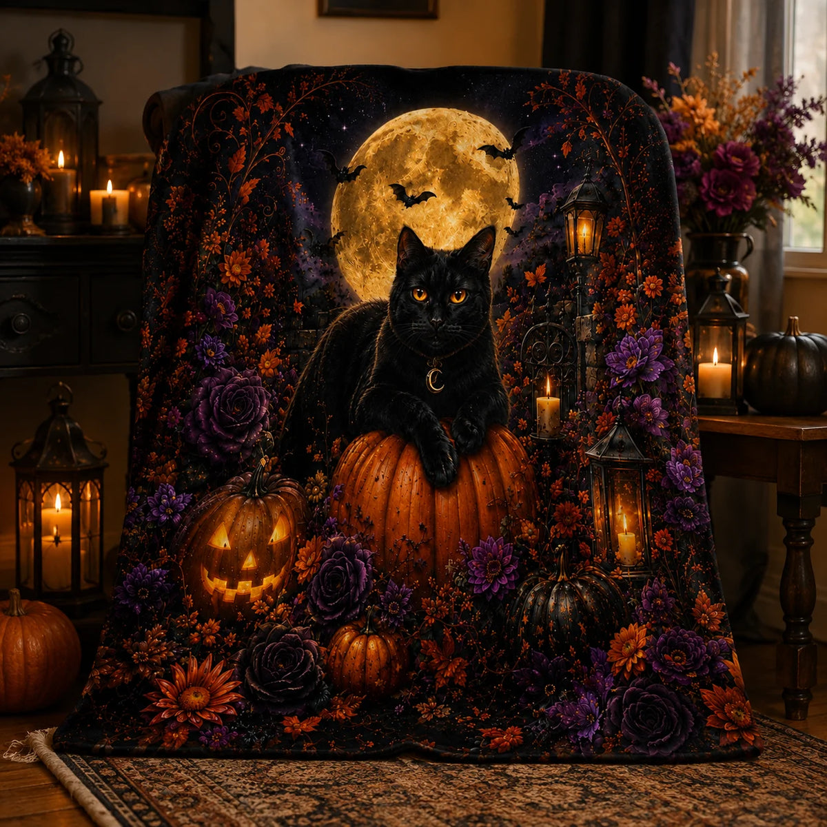 Black Cat Halloween Flannel Fleece Throw Blanket.