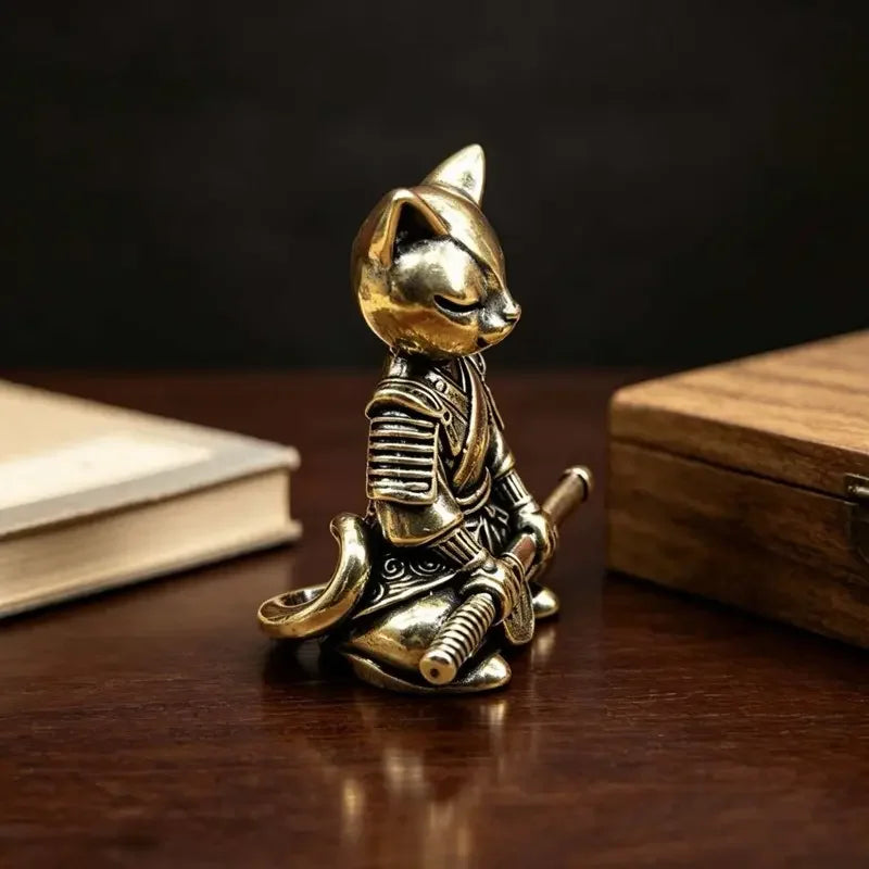 Brass Samurai Cat Statue Ornament.