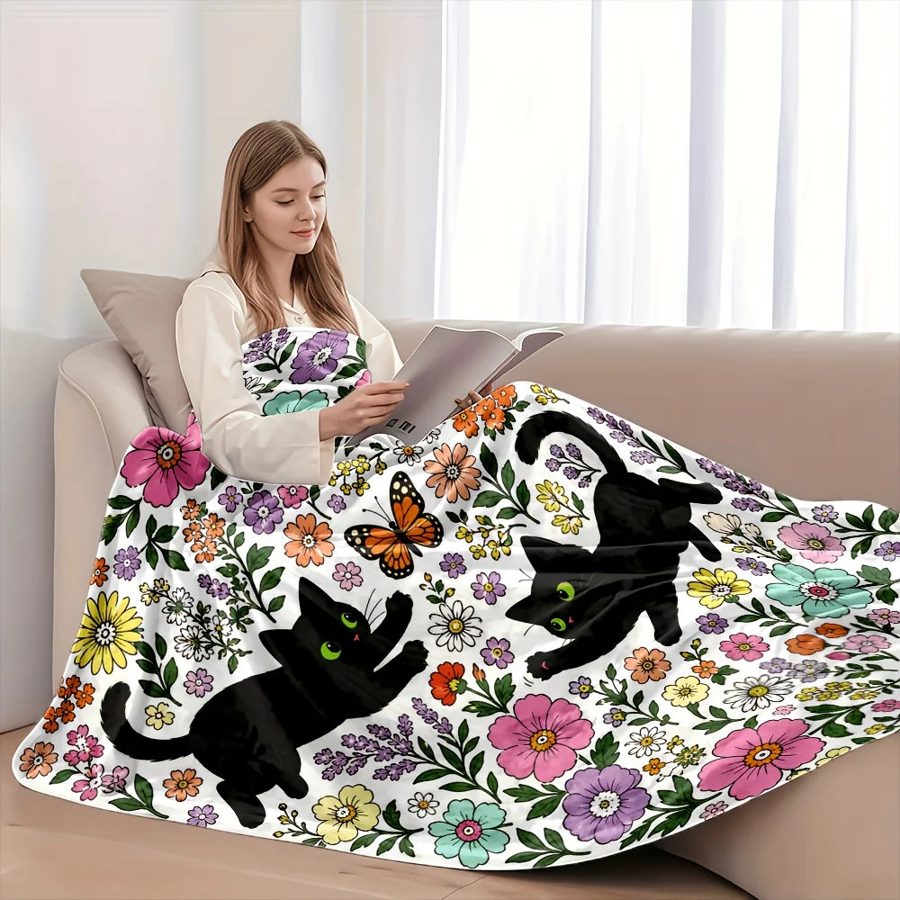 Green-Eyed Black Cat & Print Blanket.